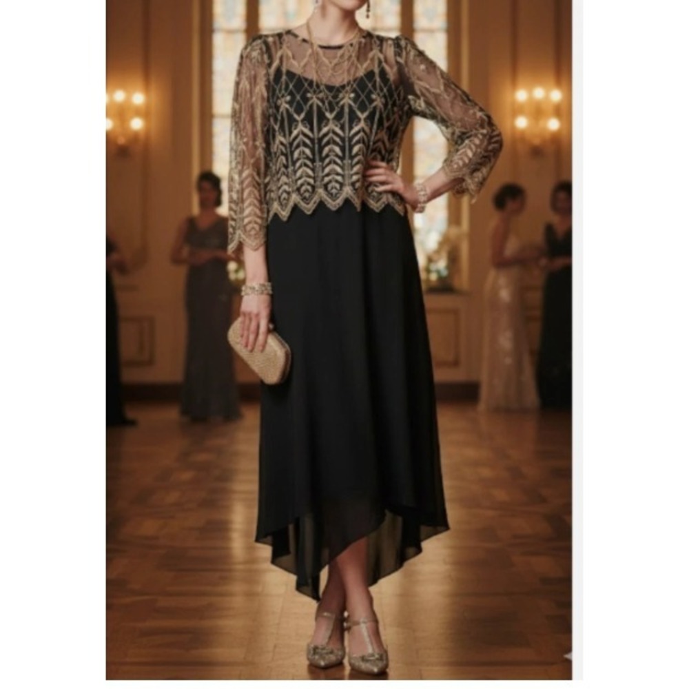Cache by Bari Protas Dress Womens 10 Black Gold Lace Sheer Overlay  VTG